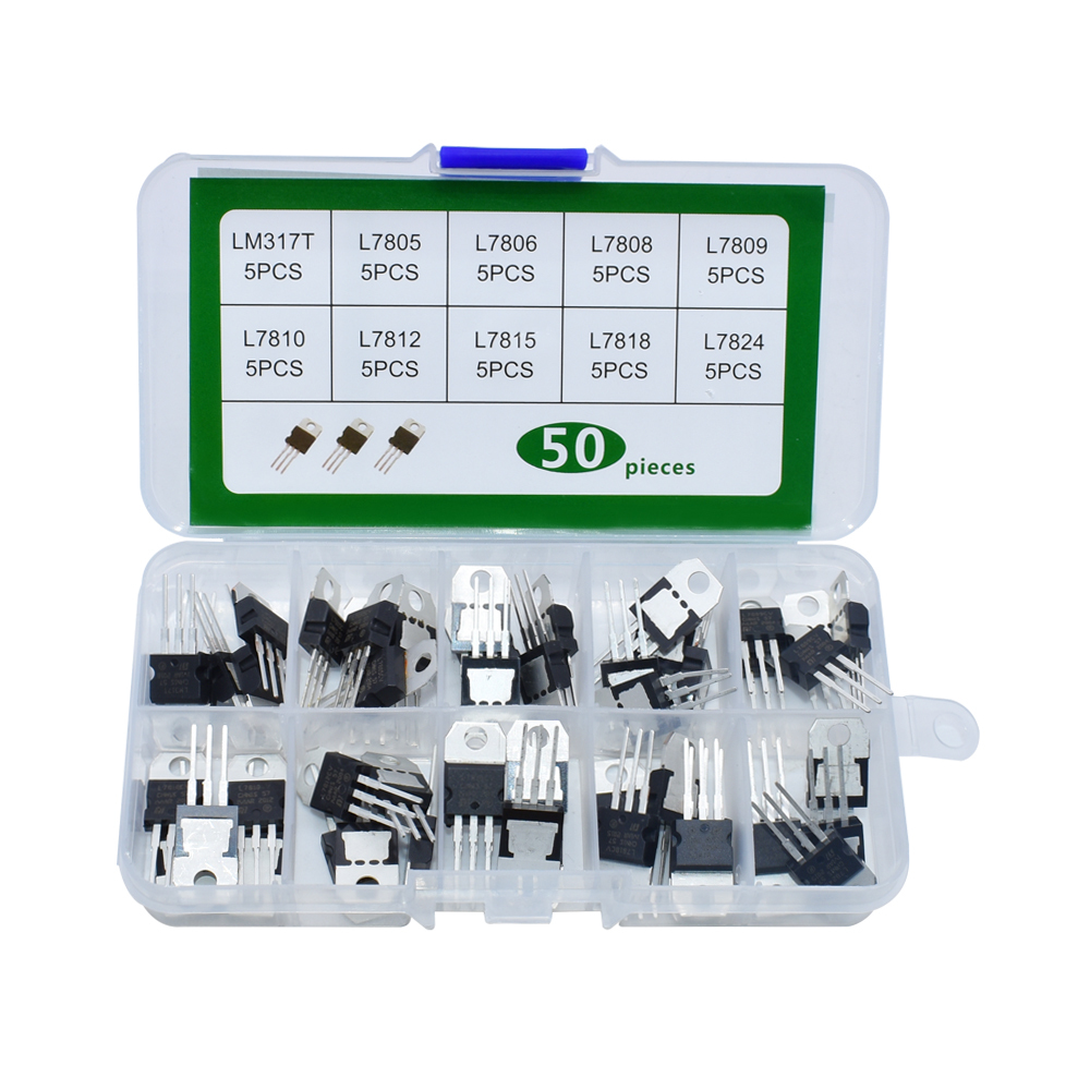 Regulateurs de tension: Kit d'assortiment de transistors LM317T L7805 L7806 L7808 L7809   	L7810 L7812 L7815 L7818 L7824, 50 pièces, boîte de régulateurs de tension